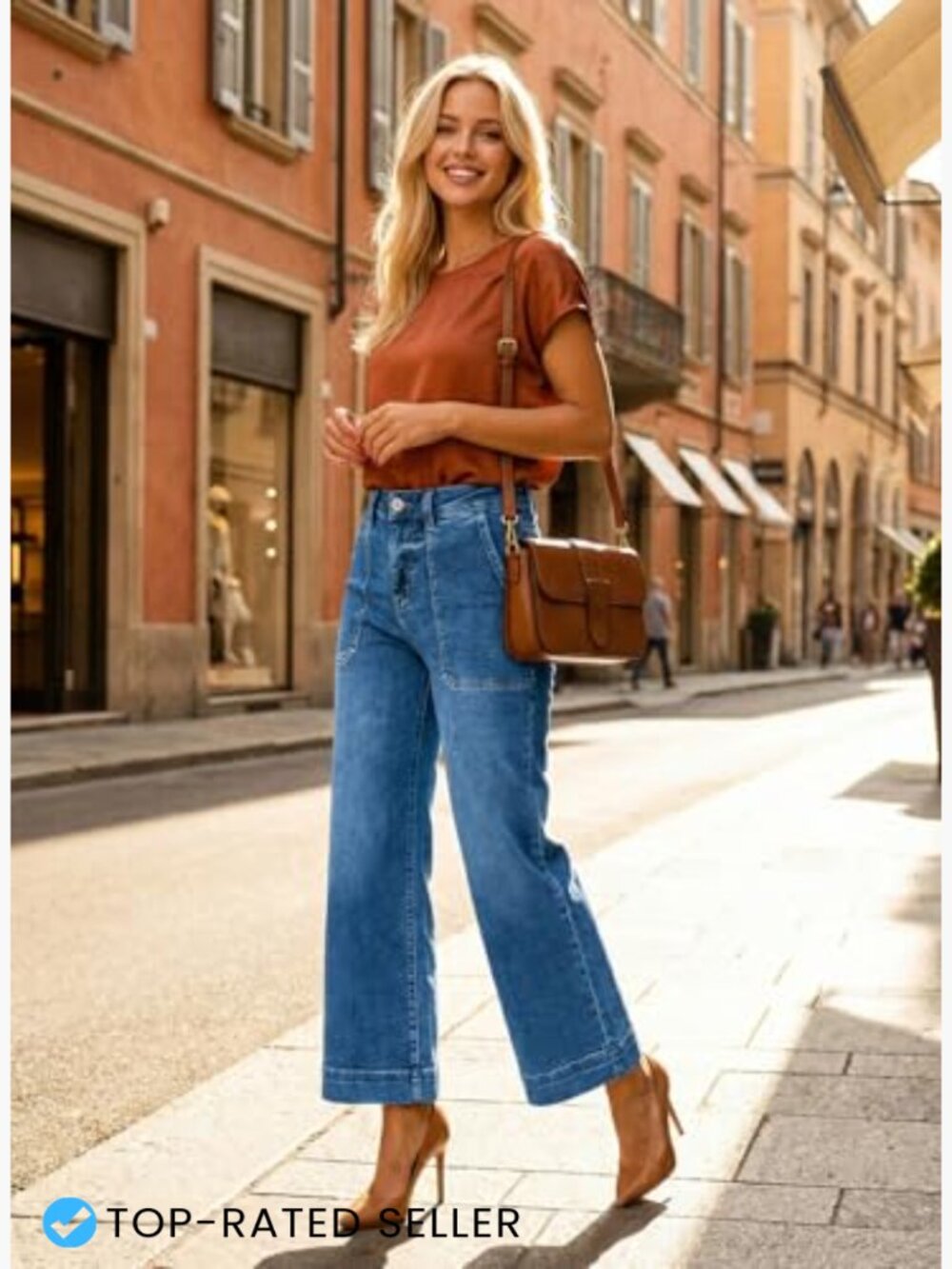Stretchy Wide Leg High Waisted Jeans Tummy Control Cropped Ankle Denim Pants - Picture 3 of 7